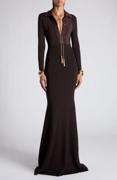 Tom Ford Long Sleeve Knit Body-con Gown In Kb922 Dark Brown