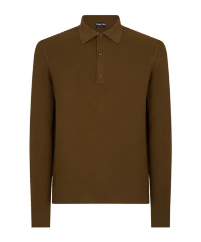 Tom Ford Long Sleeve Knitted Polo Shirt In Brown