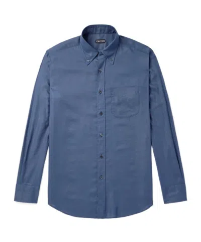Tom Ford Button-down Collar Garment-dyed Lyocell Shirt In Blue