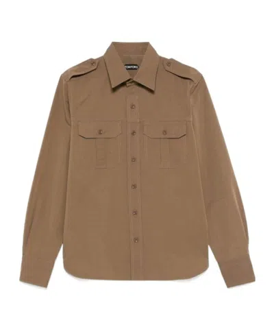 Tom Ford Long Sleeve Lapel Shirt In Brown