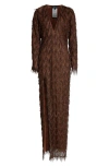 TOM FORD LONG SLEEVE METALLIC CHEVRON FRINGE GOWN