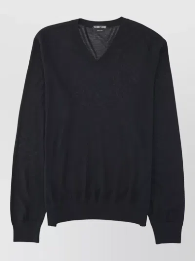 Tom Ford V-neck Black Wool Sweater With Ribbed Details