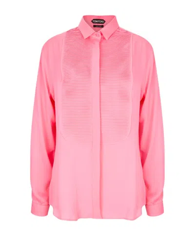 Tom Ford Washed Silk Georgette Tuxedo Shirt In Pink