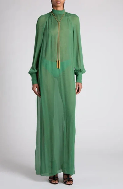 Tom Ford Long Sleeve Silk Crepon Caftan Dress In Fg327 Grass Green