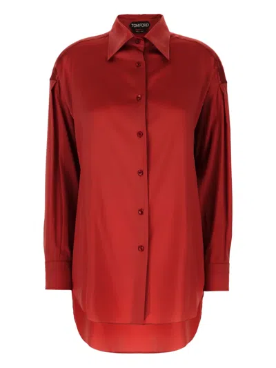 Tom Ford Stretch Silk Satin Shirt In Red