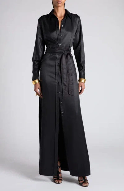 Tom Ford Long Sleeve Silk Twill Belted Shirtdress In Lb999 Black