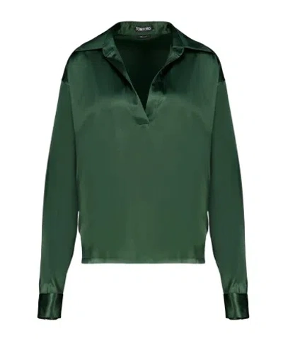 Tom Ford Stretch Silk Satin Polo With Tonal Tf Embroidered Logo Clothing In Green