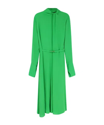 Tom Ford Washed Silk Georgette Long Sleeve Draped Collar Belted Dress With Cut-out In Green