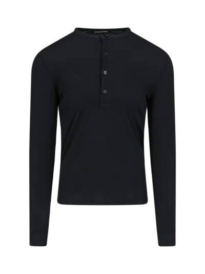 Tom Ford Long-sleeved Henley Top With Buttoned Placket And Fitted Silhouette In Black