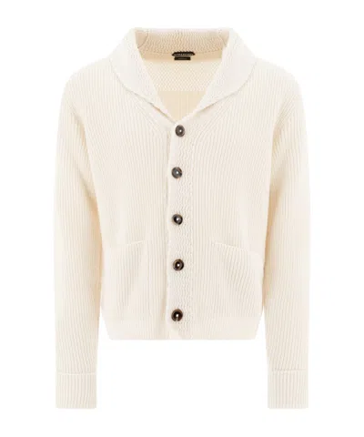 Tom Ford Shawl Collar Ribbed Texture Front Pockets Sweater In White