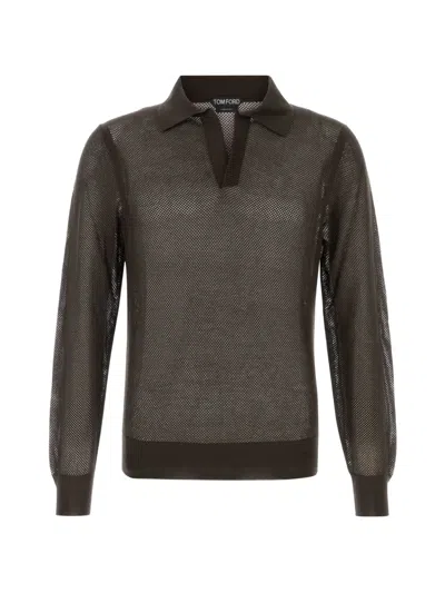 Tom Ford 18gg Cotton Silk Mesh Ls Buttonless Polo In Brown