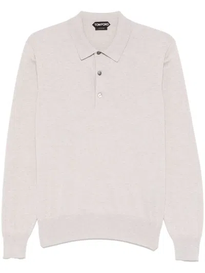 Tom Ford Long-sleeved Polo With Classic Collar In Soft Cotton In White
