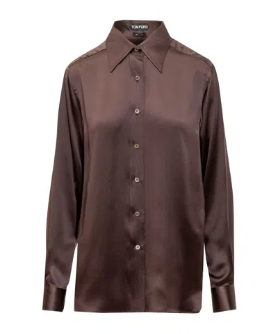 Tom Ford Fluid Charmeuse Silk Shirt In Brown