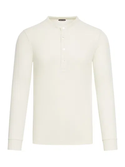 Tom Ford Long Sleeves Lyocell Cotton Rib Ls Henley In Ivory