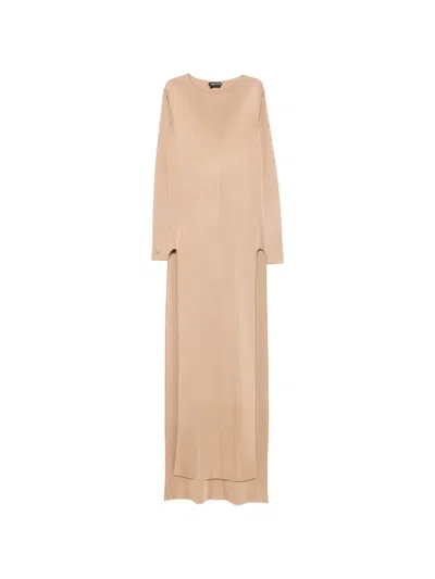 Tom Ford Long-sleeve Side-slit Gown In Nude