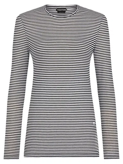 Tom Ford Long-sleeved Striped T-shirt With Tonal Tf Embroidered Logo In Black