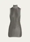 Tom Ford Striped Ribbed Metallic Wool-blend Turtleneck Mini Dress In Metallic O