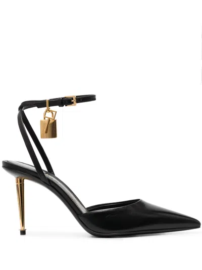 Tom Ford Luxurious Black Leather 90mm Pumps With Gold-tone Hardware And Iconic Padlock Detail