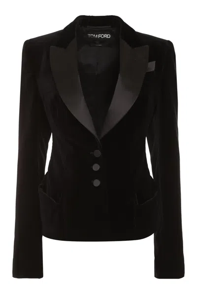 TOM FORD LUXURIOUS BLACK VELVET BLAZER FOR WOMEN WITH SATIN LAPEL COLLAR AND SLIT CUFFS