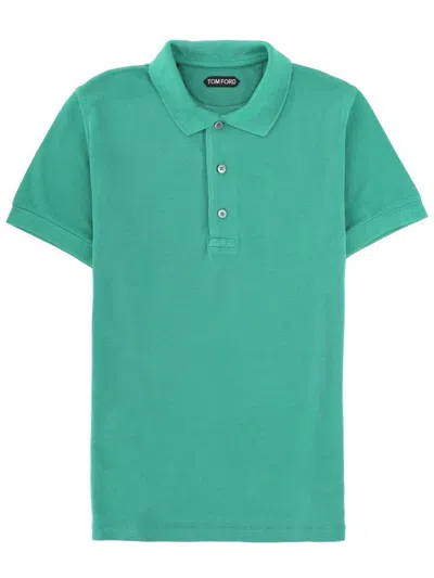 Tom Ford Lyocell Cotton Ribbed Cuffs Polo Shirt In Green