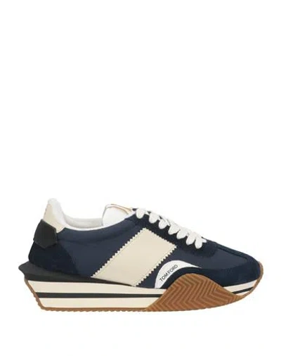 Tom Ford Man Sneakers Midnight Blue Size 8 Calfskin, Polyester