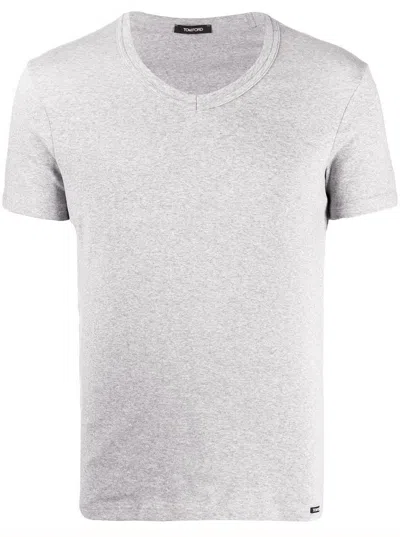 Tom Ford Mans Cotton V-neck T-shirt In Grey