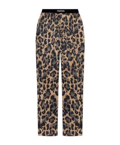 Tom Ford Marrón Pantalón De Pijama De Seda In Animal Print