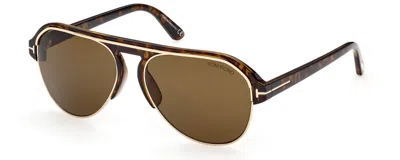 Pre-owned Tom Ford Marshall Ft 0929 52j Dark Havana And Gold / Roviex Sunglasses 58mm In Brown
