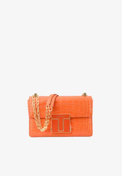 Tom Ford Medium 001 Chain Shoulder Bag In Croc-embossed Leather In Orange