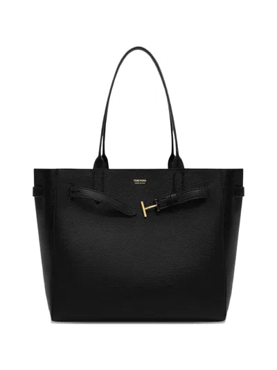 Tom Ford Black Tote Bag With T Detail In Grained Leather Woman
