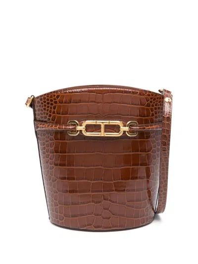 Tom Ford Medium Croc-effect Bucket Bag In Brown