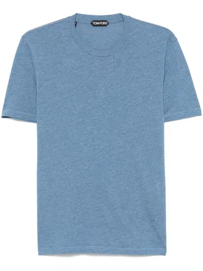 Tom Ford Cotton Blend Melange Crew Neck T-shirt In Clear Blue