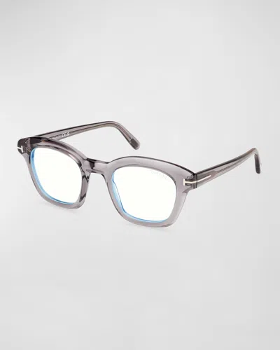 Tom Ford Men's Acetate Blue Blocking Square Glasses In Shiny Transparent Grey
