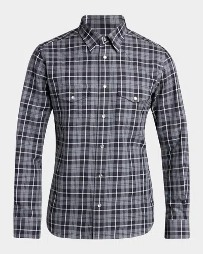 Tom Ford Men & Apos;s Cotton And Cashmere Check Snap-front Western Shirt In White  Bl