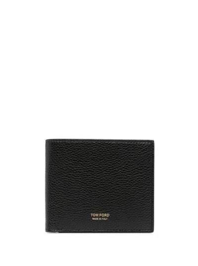 Tom Ford Men Black Bi-fold Wallet With Gold-colored Embossed Logo In Grainy Leather Man