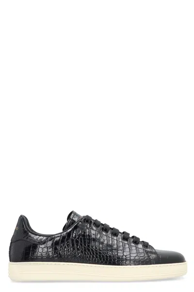 Tom Ford Men's Black Croco-print Leather Low-top Sneakers With Contrast Sole