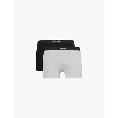 Tom Ford Mens Black Grey Branded-waistband Pack Of Two Stretch-cotton Trunks