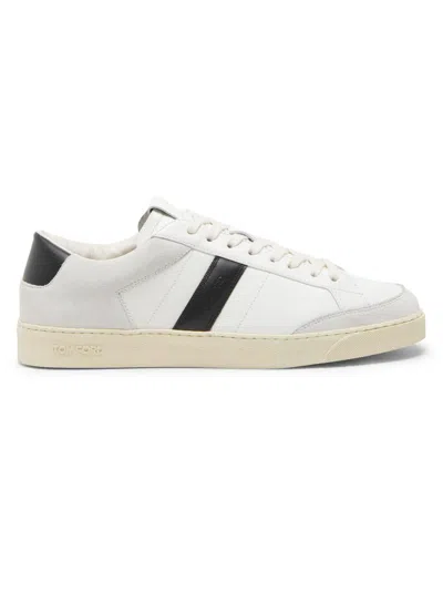 Tom Ford Panelled Suede And Grained Leather Sneakers In White