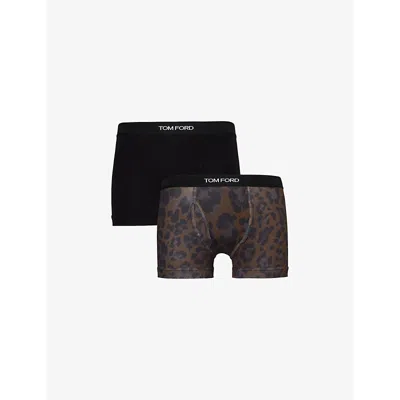 Tom Ford Branded-waistband Pack Of Two Stretch-cotton Boxer Briefs In Blk /dark Brwn Leopard