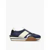 Tom Ford Mens Blue James Logo-print Leather And Suede Low-top Trainers In Midnight Blue Beige Cream
