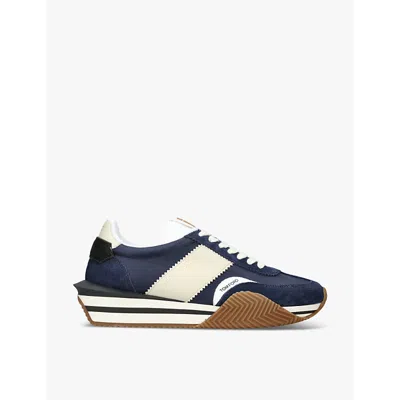 Tom Ford Mens Blue James Logo-print Leather And Suede Low-top Trainers In Midnight Blue Beige Cream