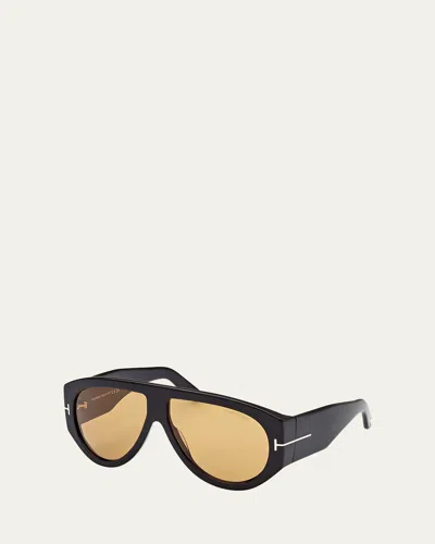 Tom Ford Men's Bronson T-logo Shield Sunglasses In Dark Havana