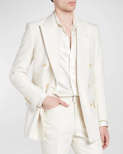 Tom Ford Silk Cotton Cannete Atticus Double Breasted Jacket In Ivory