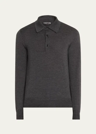 Tom Ford Men's Cashmere-silk Polo Sweater In Light Char