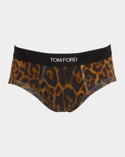 Tom Ford Men's Cheetah-print Cotton Stretch Briefs In Caramel