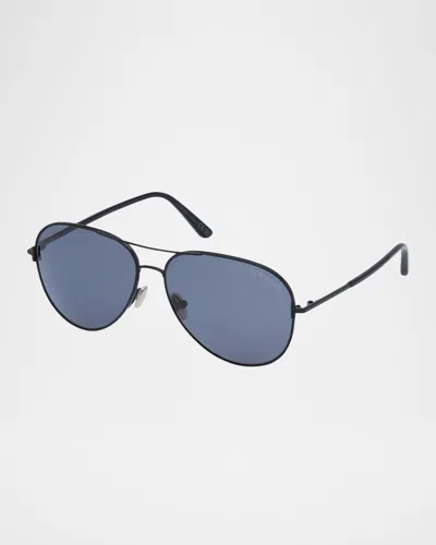 Tom Ford Men's Clark Metal Aviator Sunglasses In Shiny Black