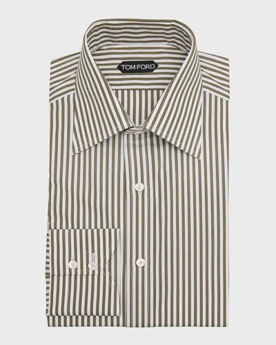 Tom Ford Men's Cotton Baton Stripe Slim-fit Dress Shirt In Green Stripe