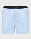 Tom Ford Velvet-trimmed Stretch-silk Satin Boxer Shorts In Light Blue