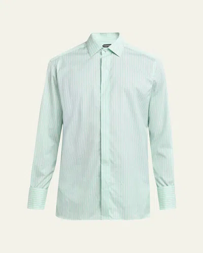 Tom Ford Men's Cotton Stripe French Cuff Sport Shirt In Green