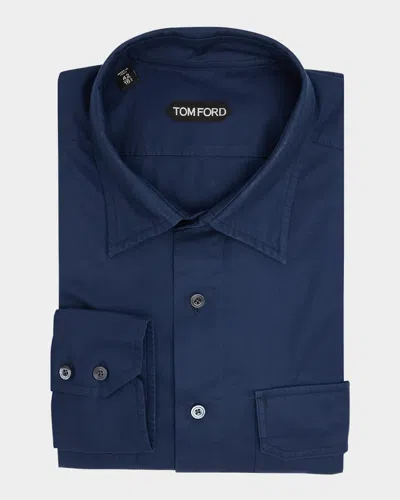 Tom Ford Men's Cotton Twill Double-pocket Overshirt In Blue